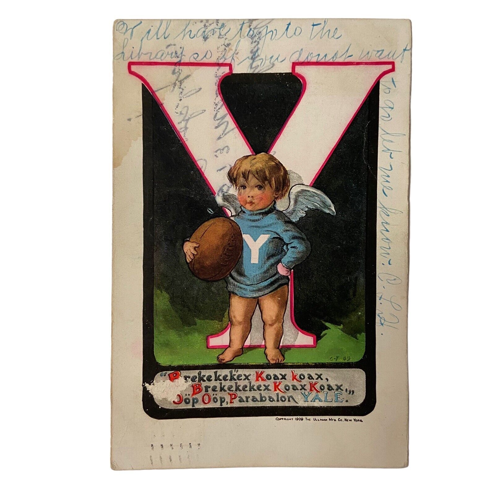 Postcard YALE CT 1909 FOOTBALL RALLY ANGEL BREKEKEKEX KOAX OOP PARABALON YALE