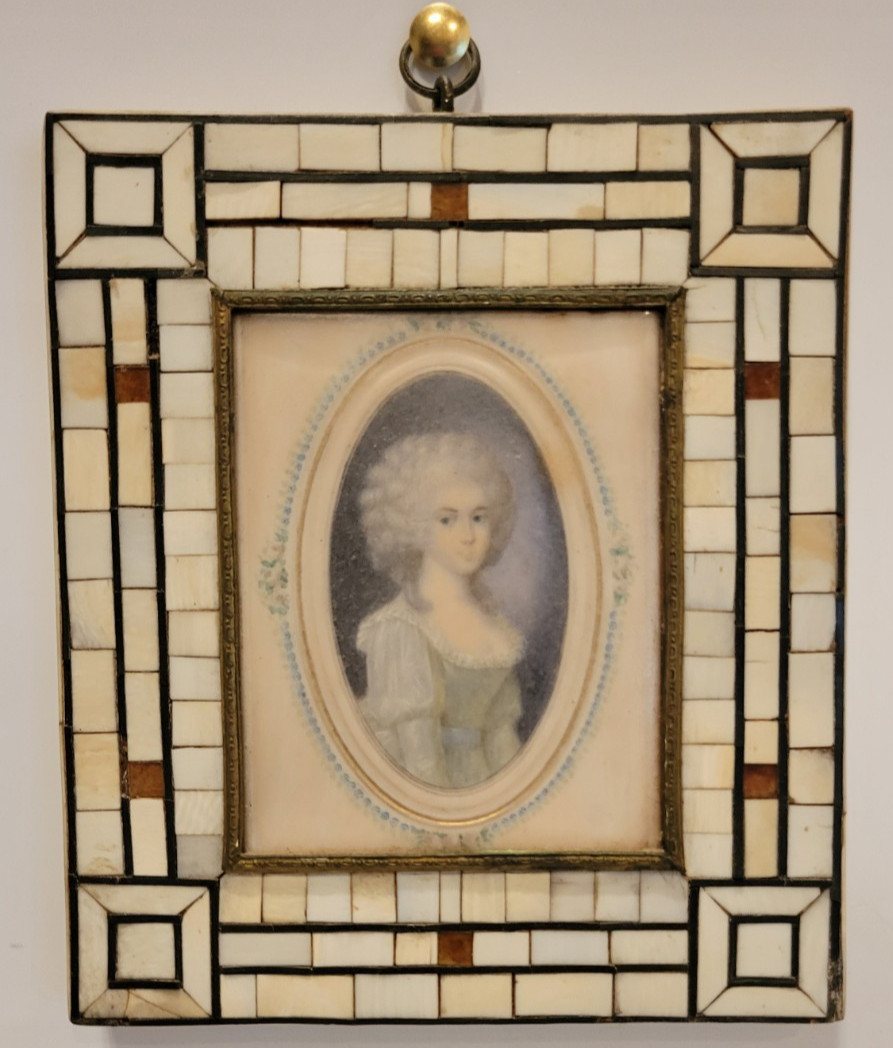 Antique Miniature Portrait of Woman & Decorative Mosaic Bone Tile Picture Frame