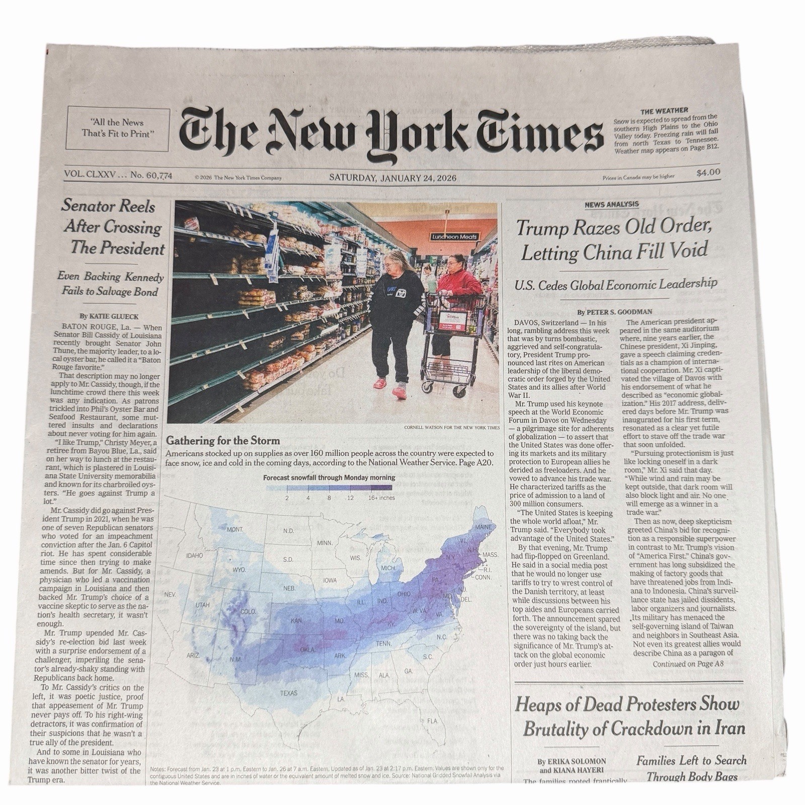 The New York Times Newspaper January 24 2026 Gathering for the Storm UNREAD Nyt