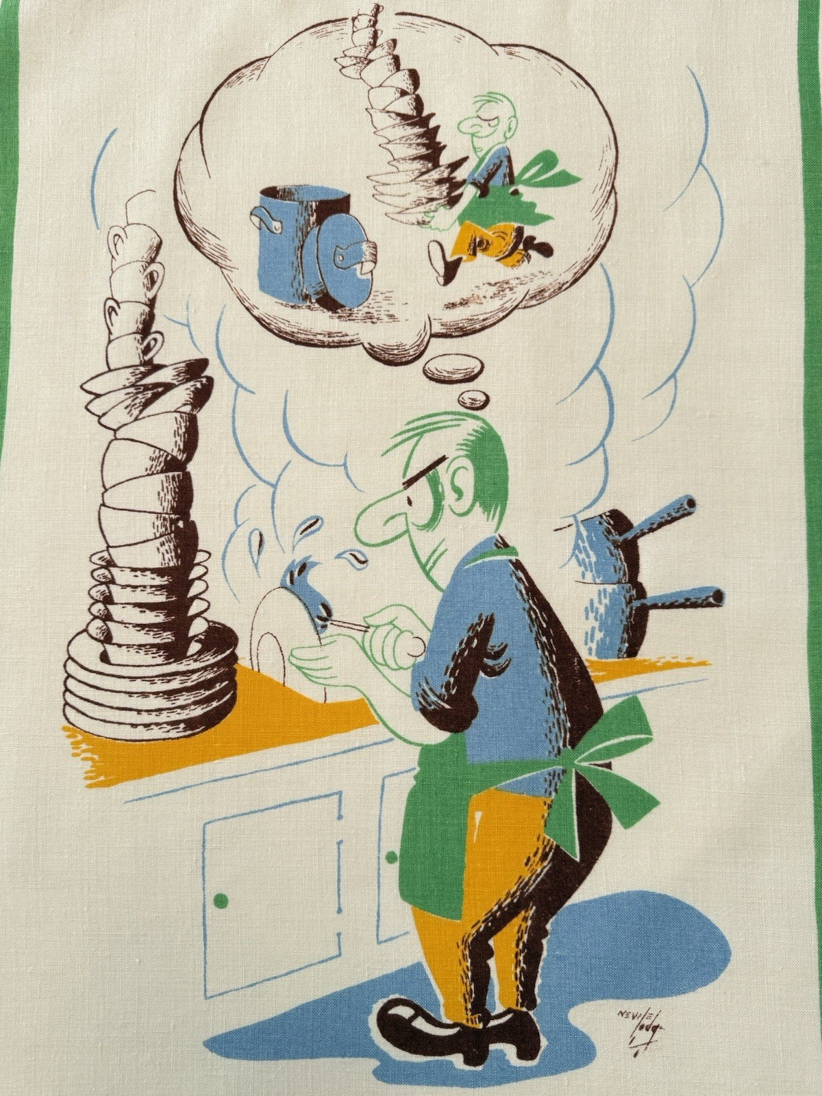 Vintage Tea Towel MCM 1950s 1960s Man Washing Dishes Cartoon Signed