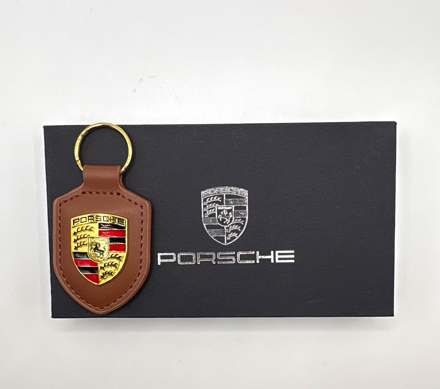 NEW - Leather Custom Porsche Crest Car Emblem Key Chain Key Ring Fob Brown Gift