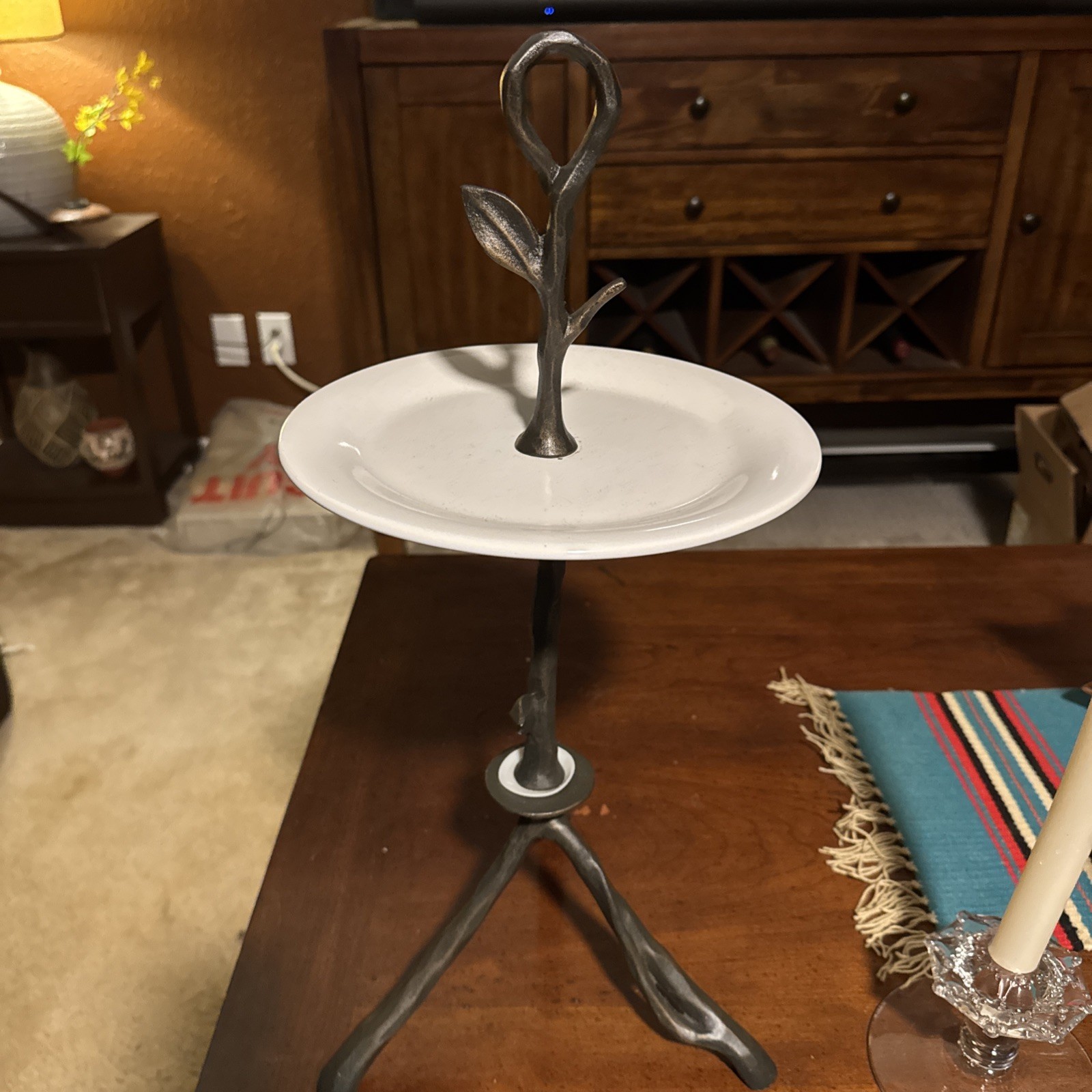 Vintage Wrought Iron Twig Leaf Pedestal Stand White Ceramic Plate Rustic MCM