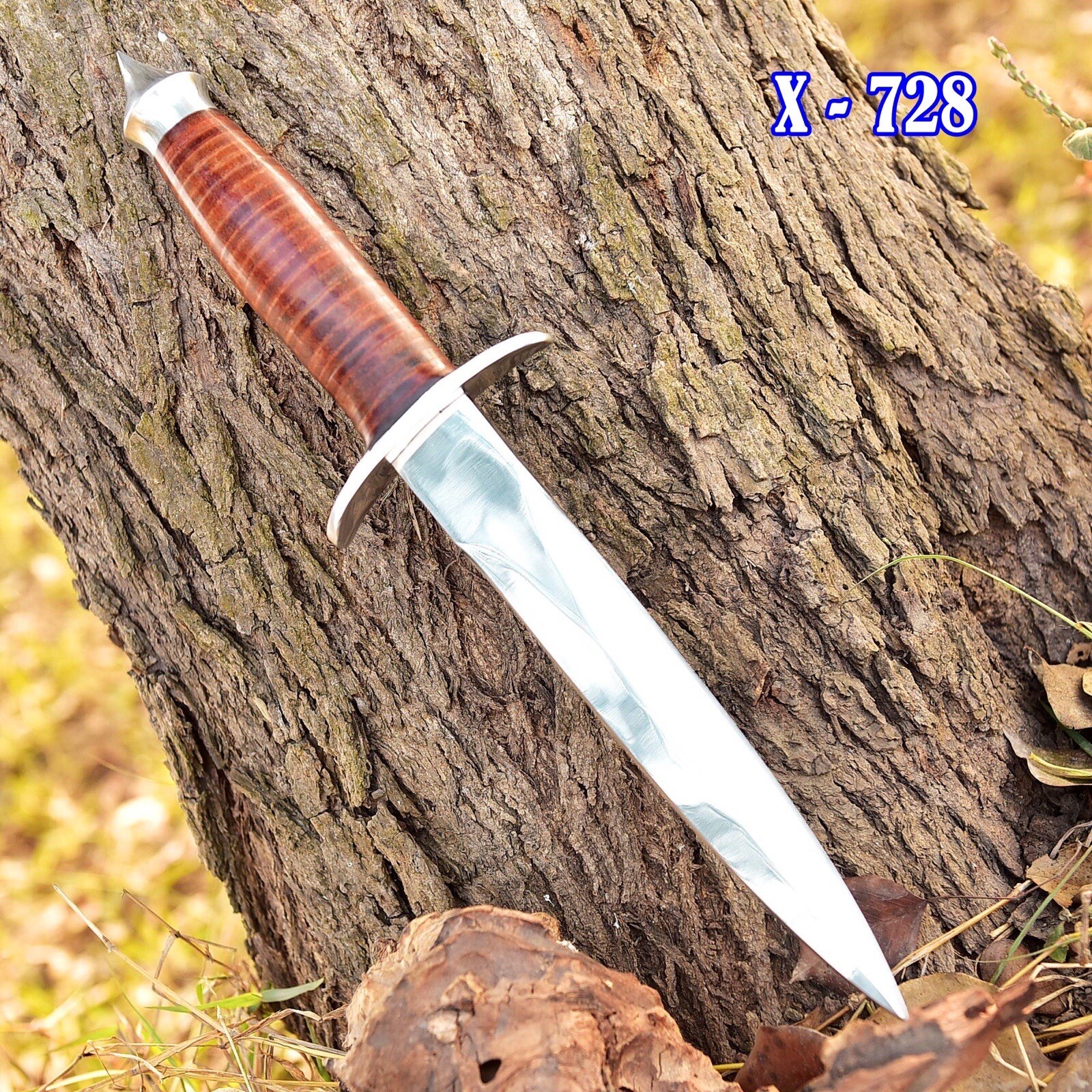 Vintage WW2 Double-Edged V42 US Military Stacked Leather Handle Dagger Knife