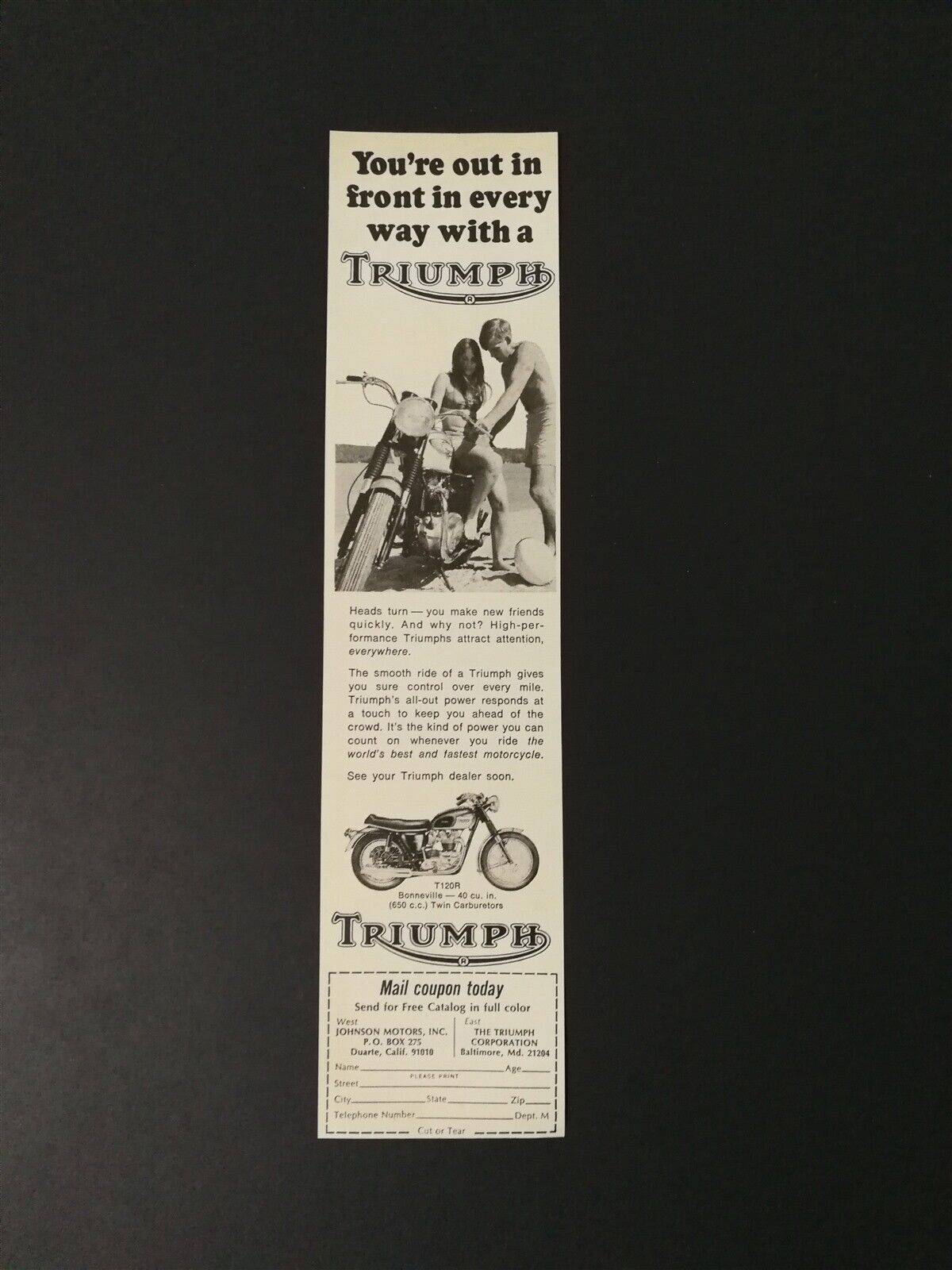 Vintage 1962 Triumph T120R Motorcycle Original Ad