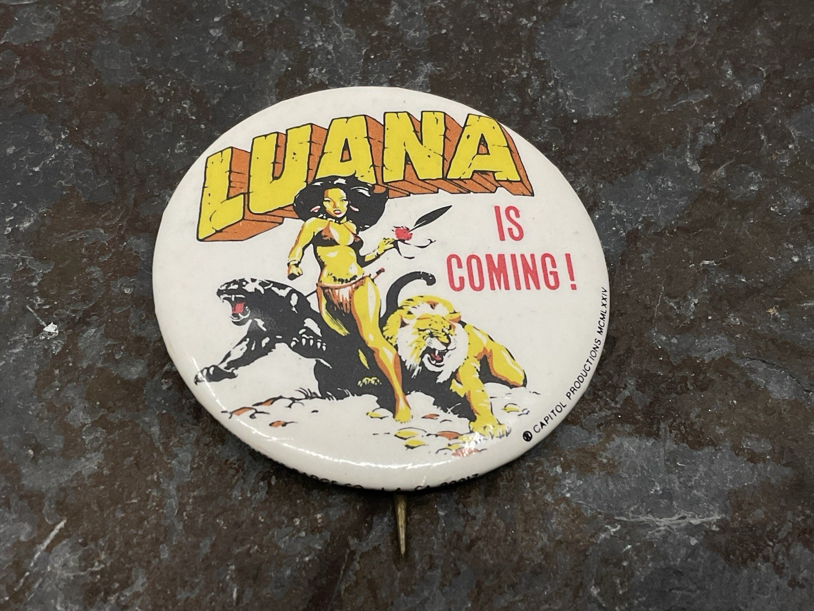 RARE 1968 LUANA IS COMING Jungle Girl Movie Promo Pin 2.25