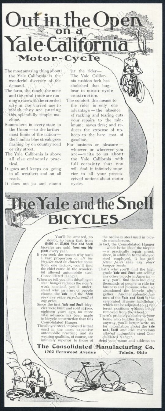 1908 Yale California motorcycle Snell bike bicycle illustrated vintage print ad