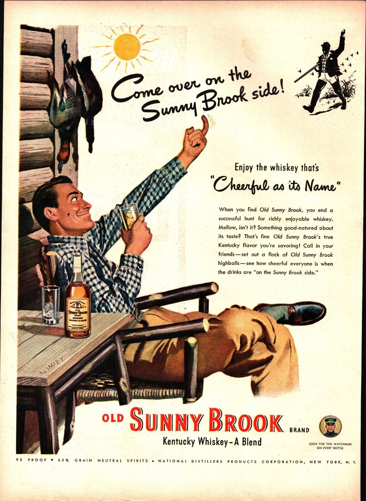1947 Old Sunny Brook Whiskey Duck Hunter Klimley Art Vintage Print Ad 1940s d1
