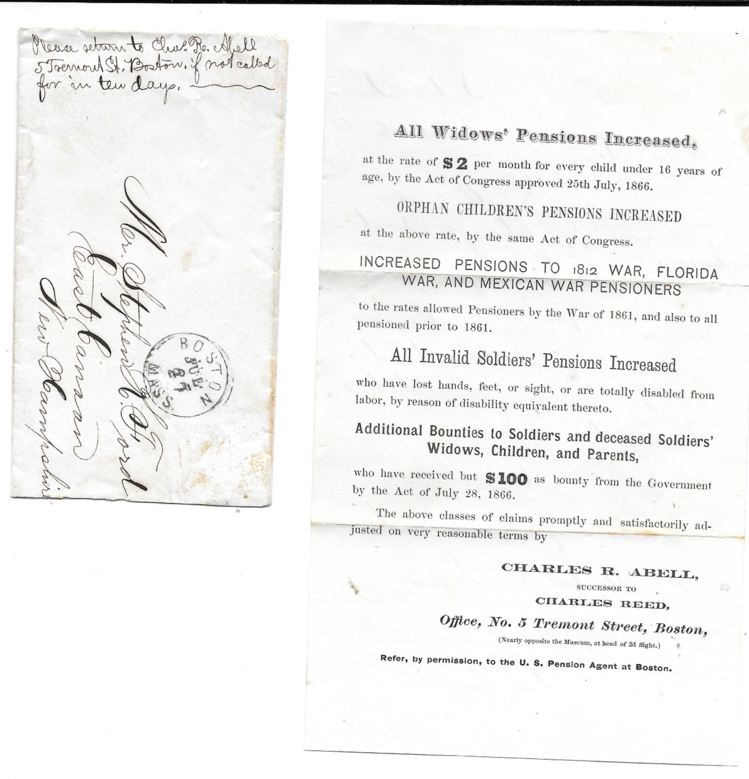 RARE Letter for Bounty Money Military Pensions 1866 to Stephen Ford - Civil War?