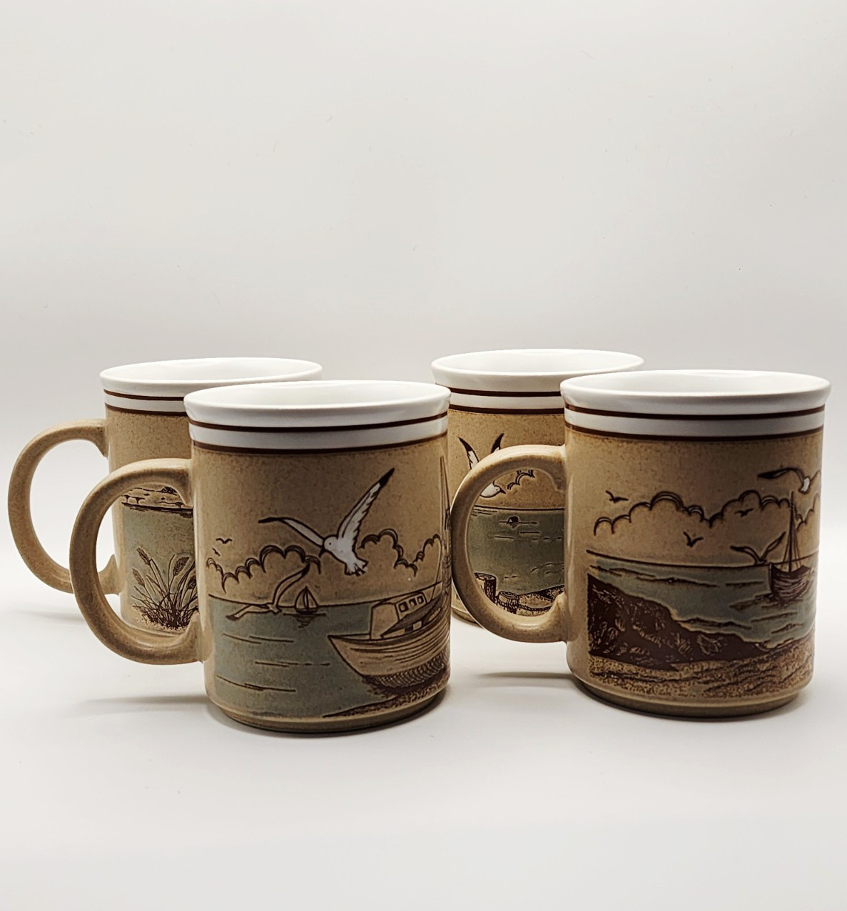 Vtg Otagiri Japan Stoneware Mug Set of 4 Nautical Sailboat Seagull Harbor Relief