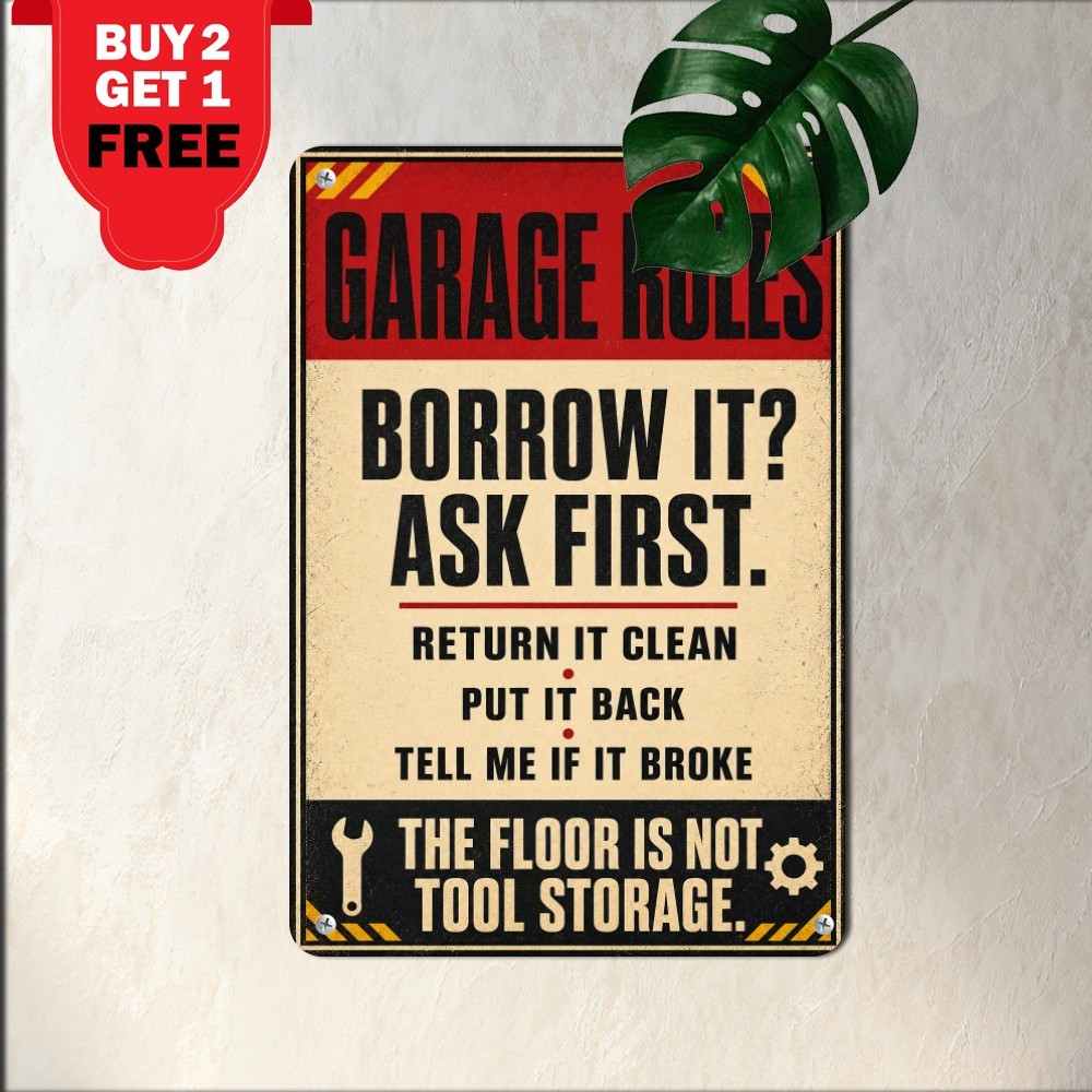 Vintage Garage Humor Metal Sign Funny Workshop Rules Tin Plaque Wall Art 8x12
