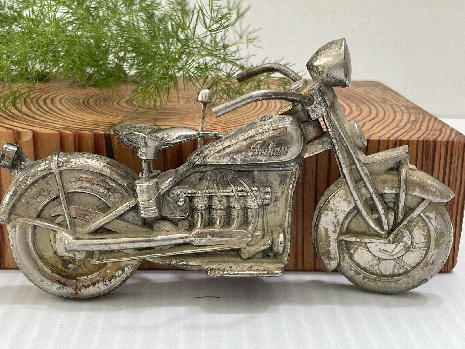 Vintage INDIAN MOTORCYCLE Silver Tone Metal Patina Moveable Model Trophy Top 6”