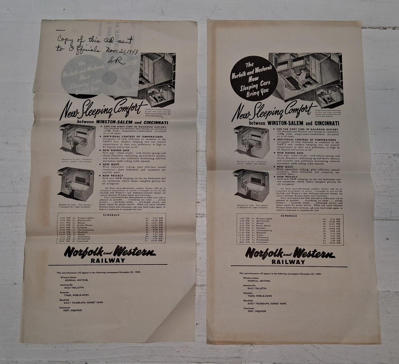 Vintage 1949 N&W Norfolk & Western Sleeping Cars 8.5x17 Ad Poster Original Lot