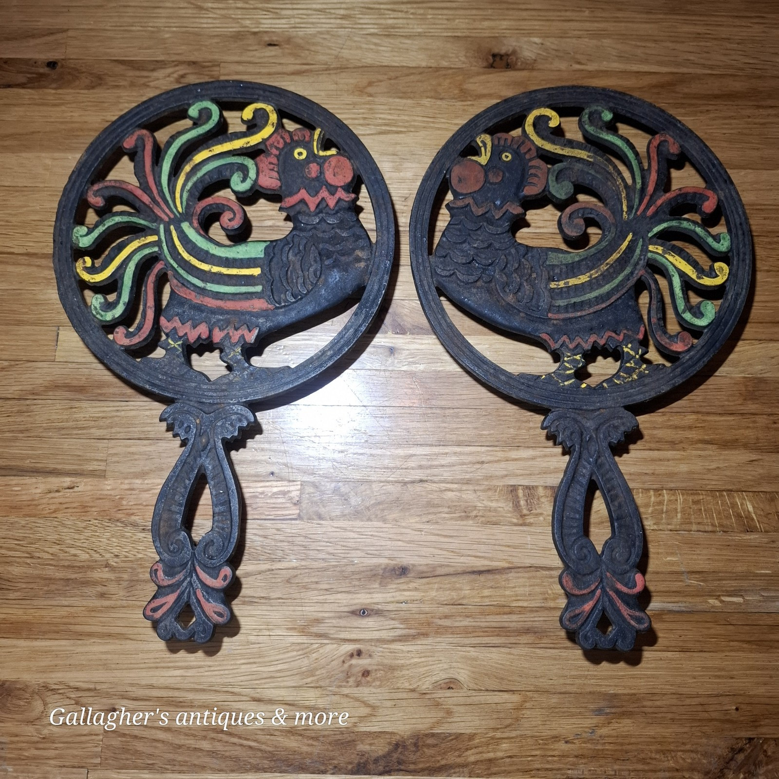 Pair of Wilton cast iron rooster trivets vintage kitchen cookware