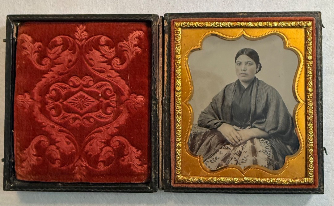 Sixth Plate Full Case Ambrotype of Beautiful Latino Woman in Shaw. Tinted