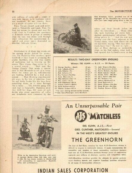 1951 AJS Matchless Greenhorn Enduro / Del Kuhn Victory -Indian Sales 1/2-Pg Ad