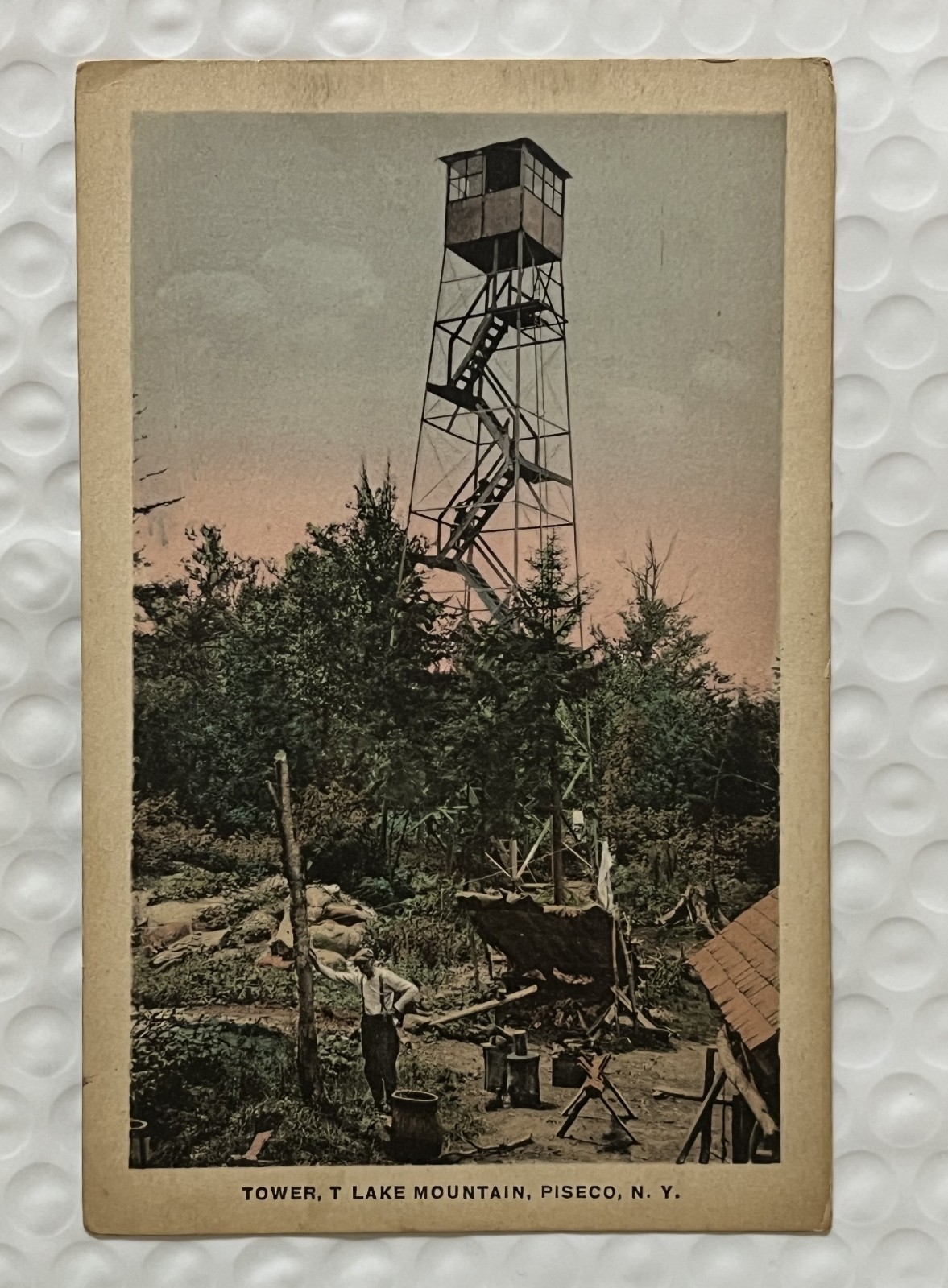 T-Lake Mountain Fire Tower Piseco Colored Postcard Very Rare Adirondack History
