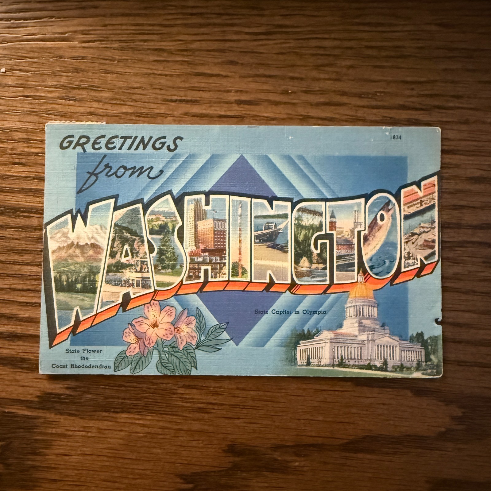 POSTCARD Linen Greetings From Washington State Capitol & State Flower