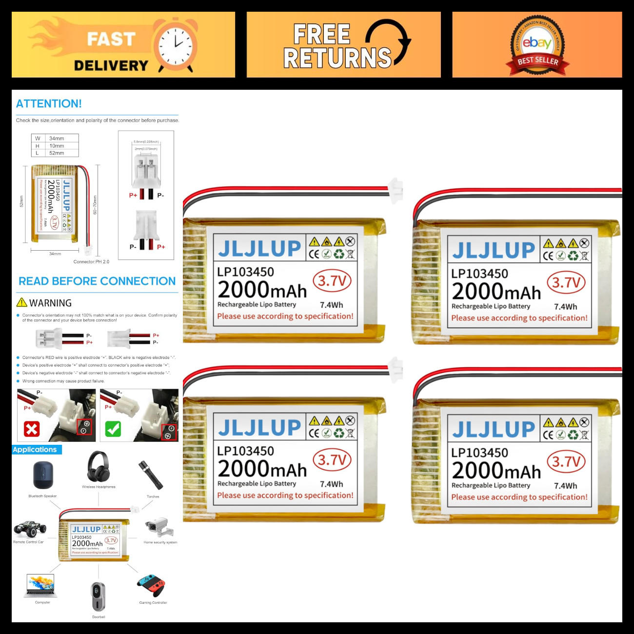 4pcs 3.7V 2000mAh Lithium Polymer Rechargeable Battery 1S 1C LiPo Battery with P