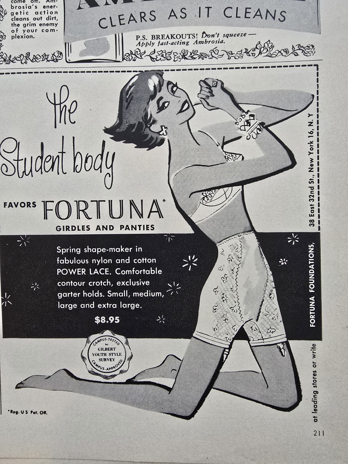 1955 Women's Fortuna Power Lace Pantie Girdle The Student Body Art  Ad 