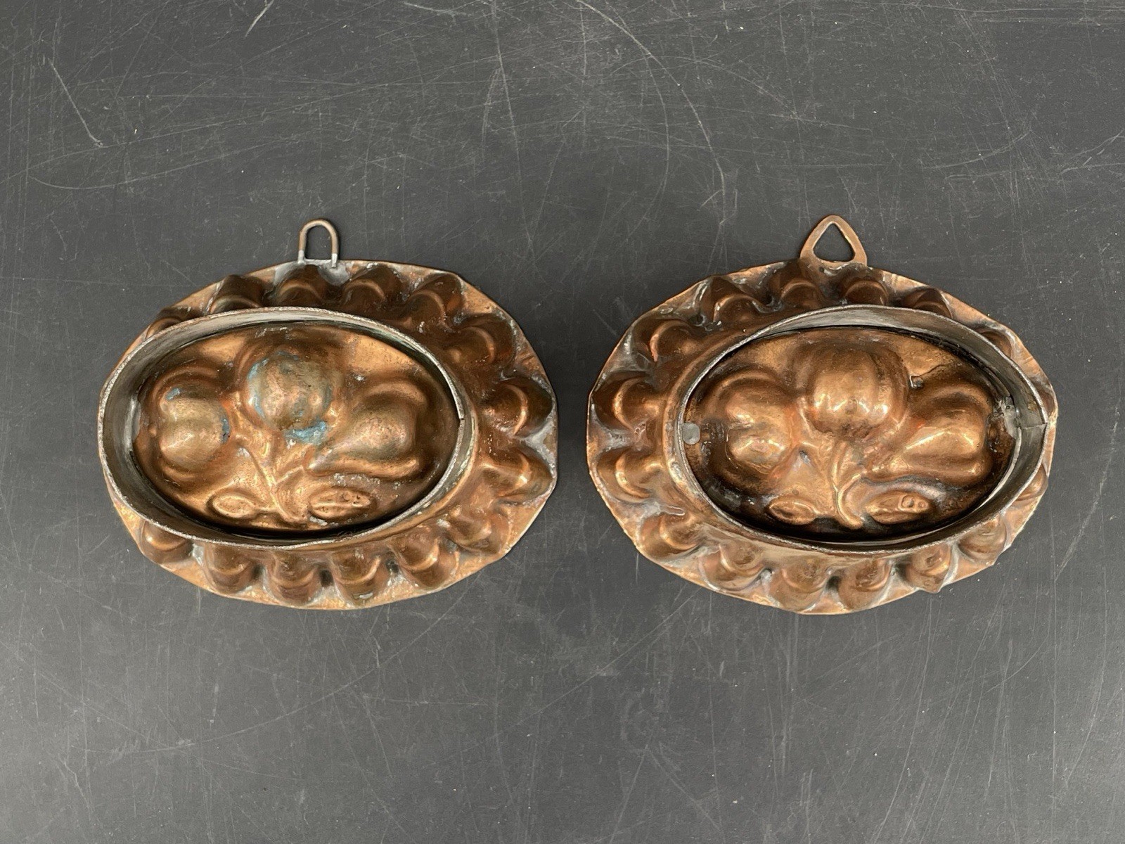 Pair of 2 Antique Copper Fruit Motif Molds for Baking
