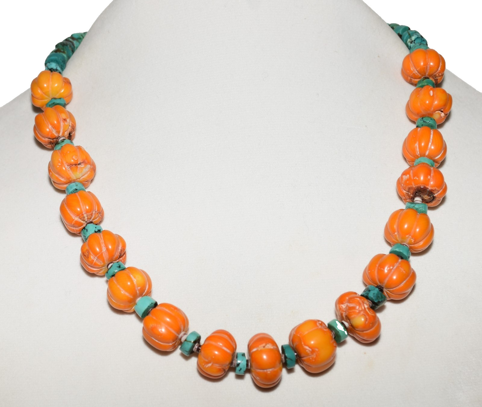 Vintage 70s Navajo Orange Carved Coral Pumpkins and Turquoise 22