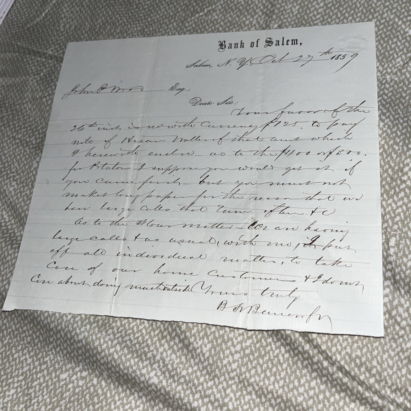 Antique 1859 Correspondence: Bank of Salem New York NY Letterhead Attorney Esq Antique 1859 Correspondence: Bank of Salem New York NY Letterhead Attorney Esq