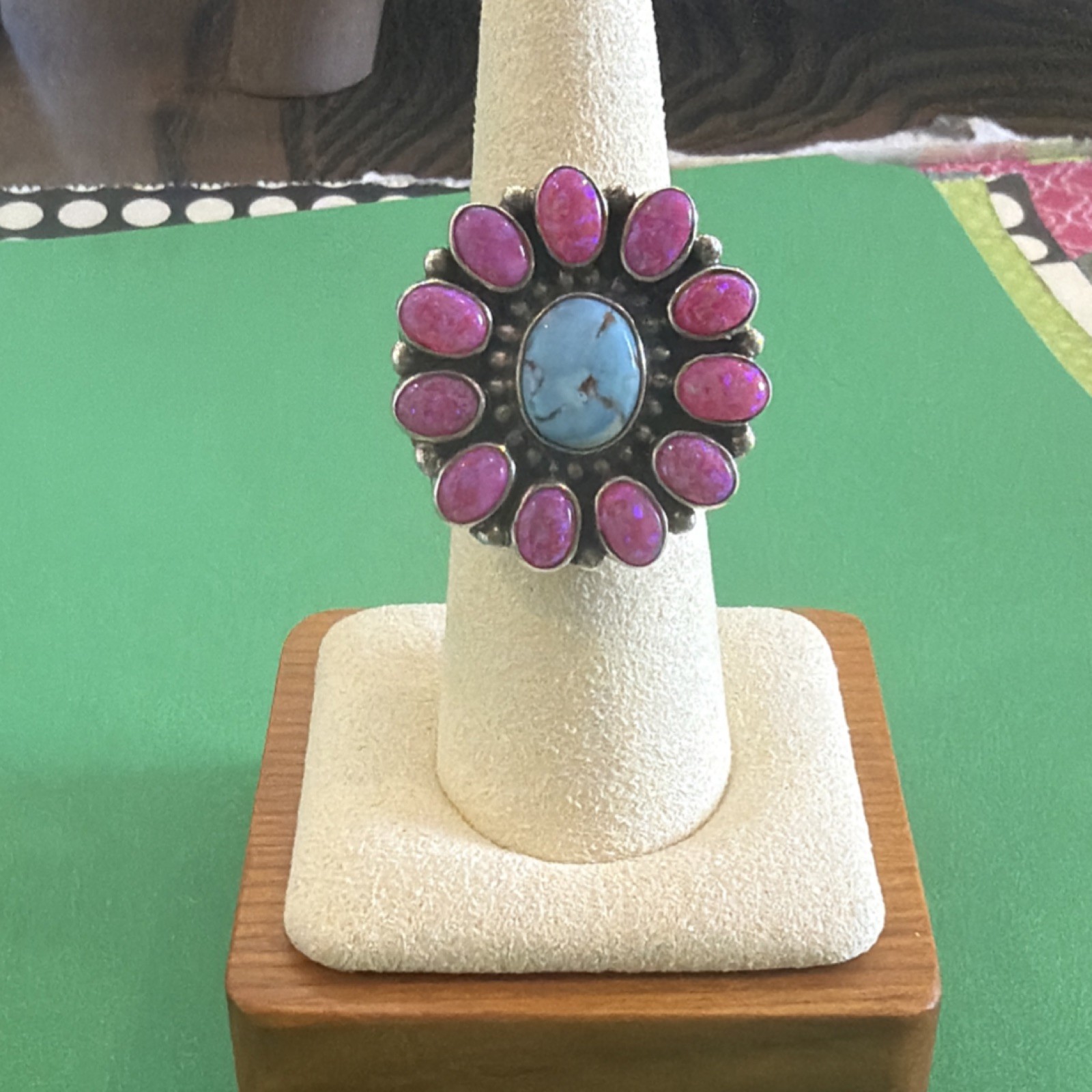 Sterling Golden Hills w/ Pink Fire Opal Cluster Satellite ring adjustable 