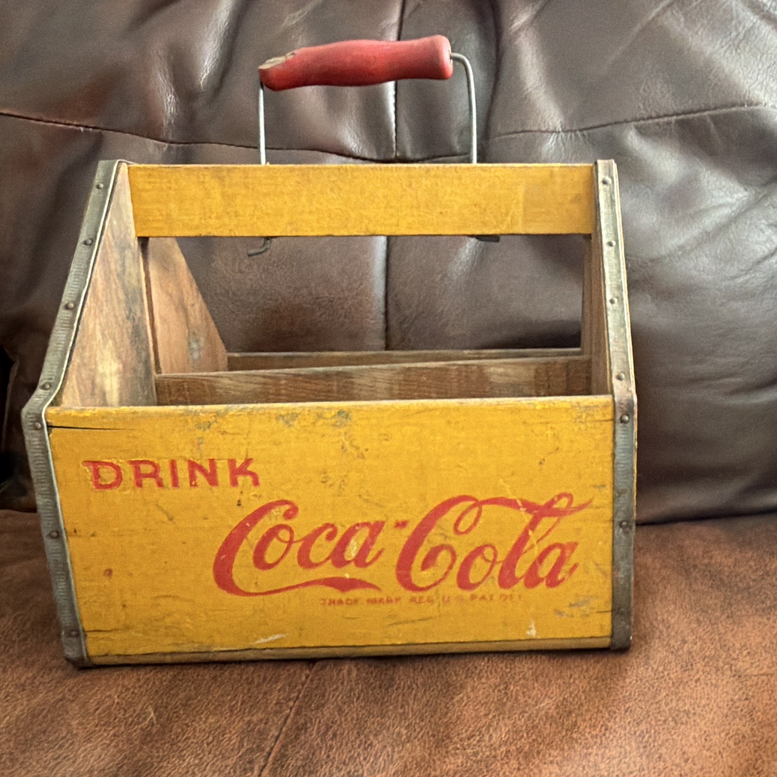 Coca-Cola Vintage Wooden Bottle Carrier Caddy, Yellow/Red Soda Advertising