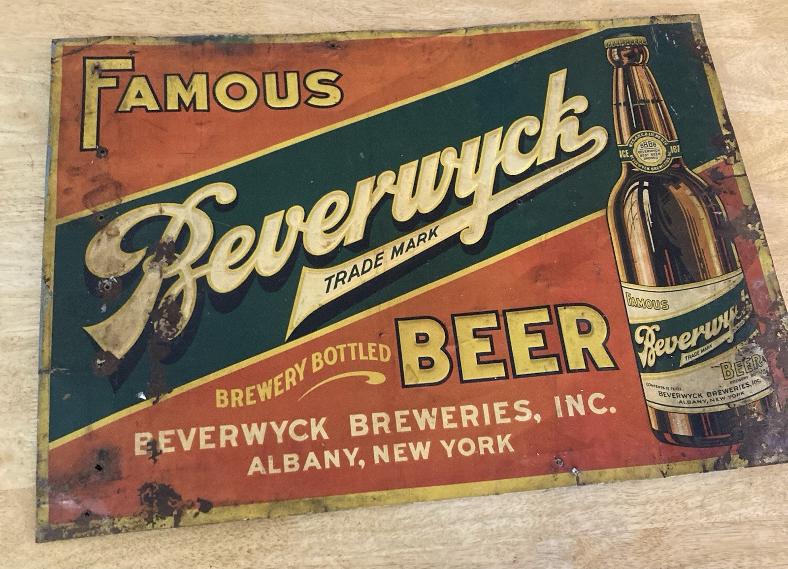 RARE BEVERWYCK BEER Bottle Tin ALBANY NY 27 X 19” Original Tin One Sided