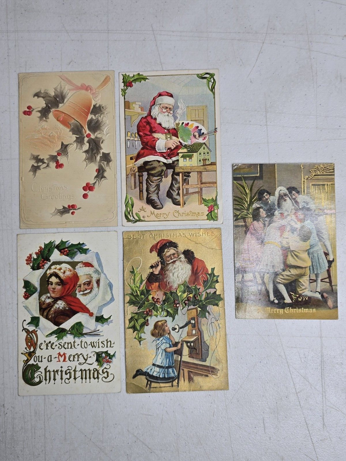 Vintage 1916 Embossed Christmas Postcards Lot of 5 Santa Greetings Clinton IA