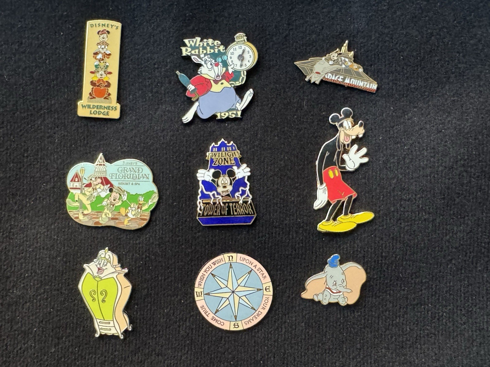 Lot Of 9 Disney Pins Goofy Space Mt Tower Of Terror Dumbo Grand Floridian