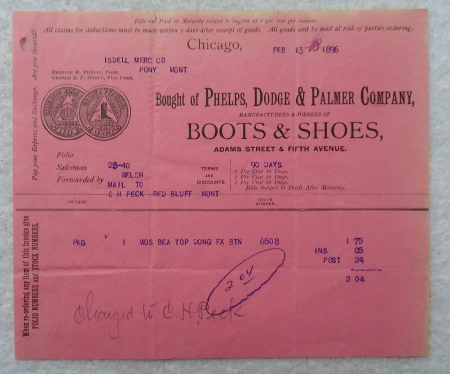 1896 BILLHEAD PHELPS DODGE & PALMER CO CHICAGO ISDELL MERCHANTILE PONY MONTANA #
