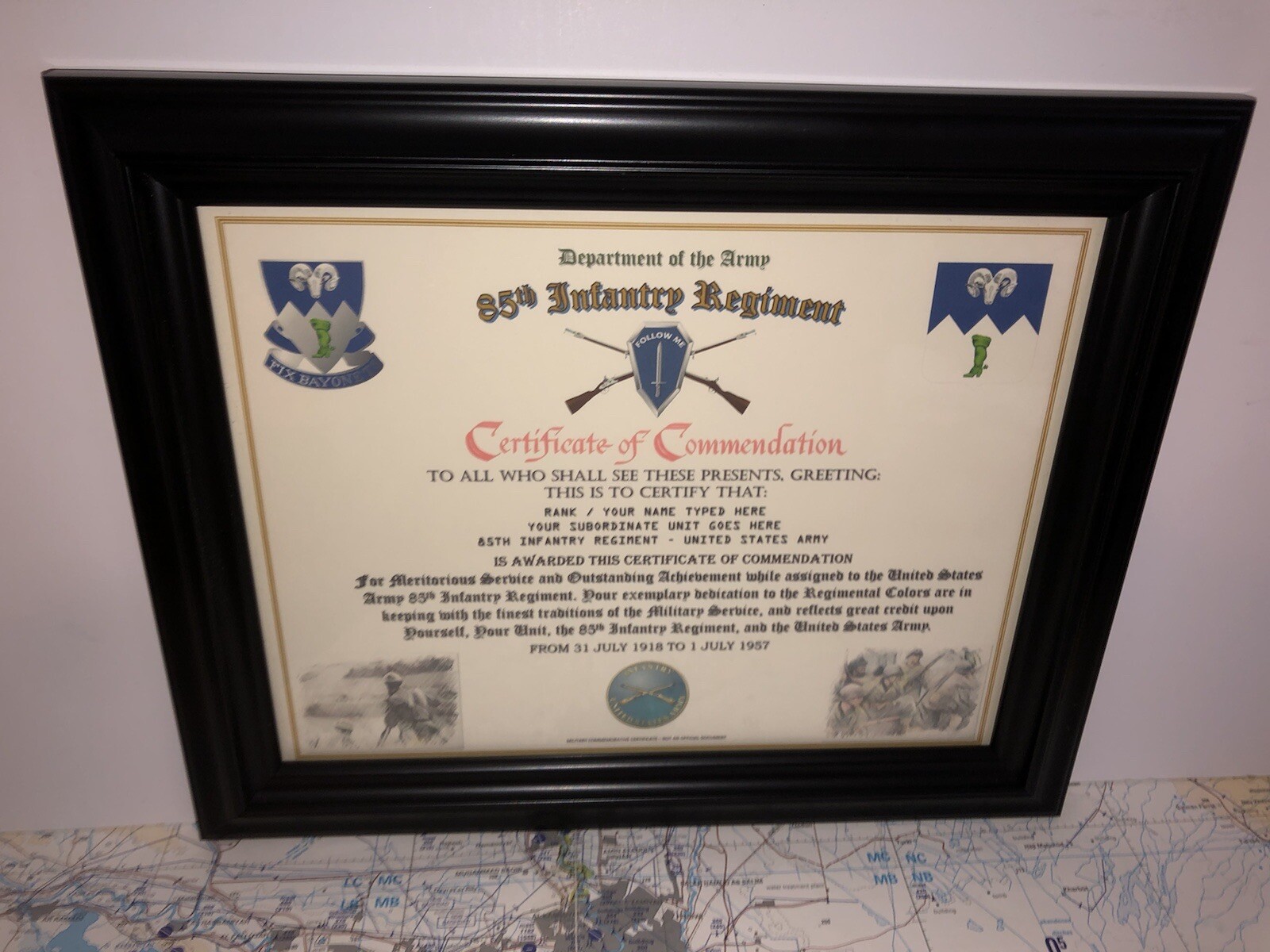 85TH INFANTRY REGIMENT / COMMEMORATIVE - CERTIFICATE OF COMMENDATION