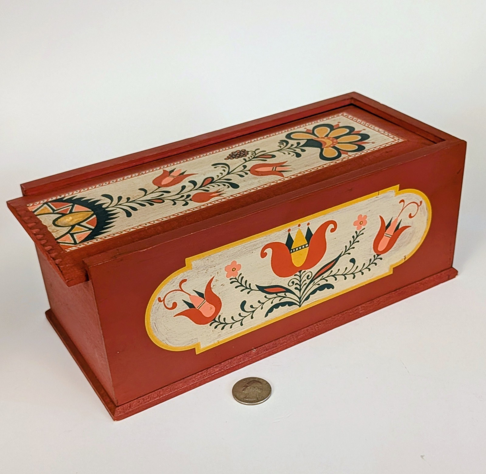 RARE Yellow Breeches Box Co Wooden Candle Box Slide Lid PA Dutch Folk Art