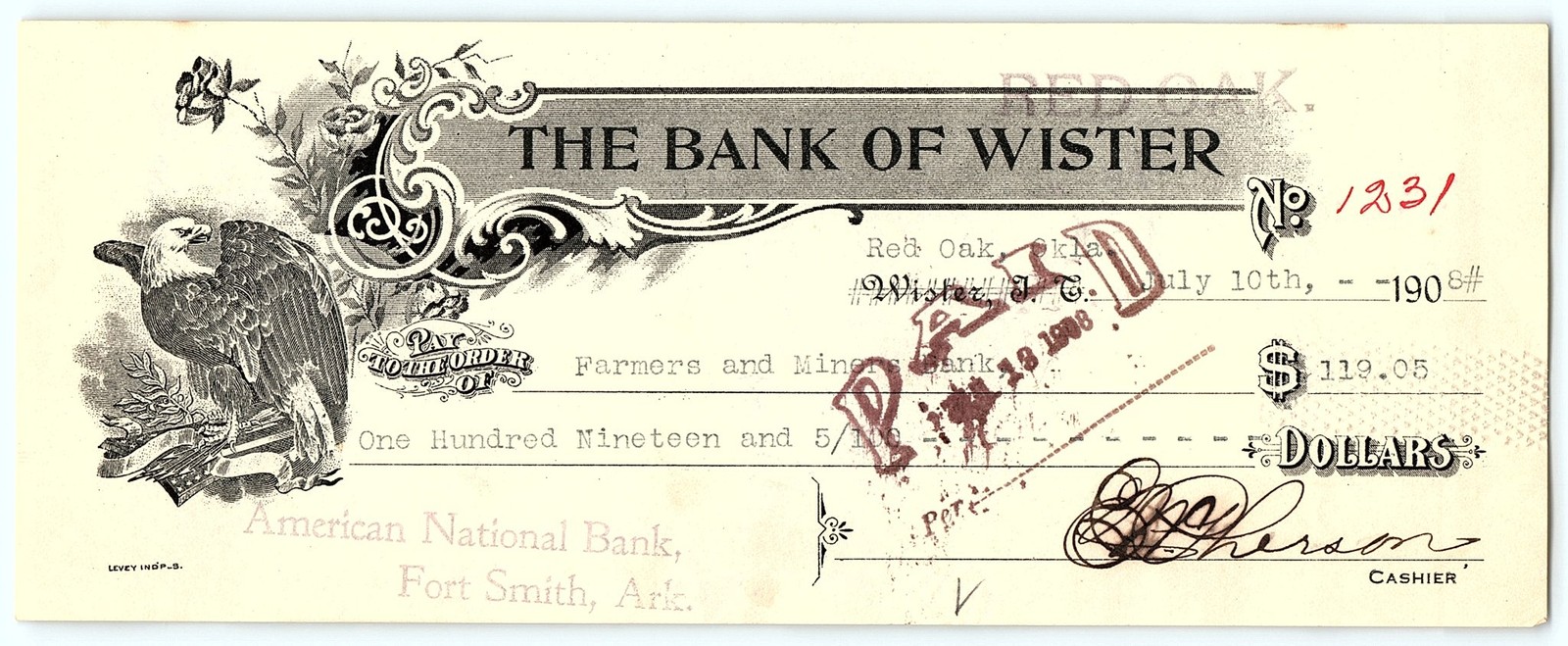 1908 Bank of Wister Red Oak, OK Cancelled Check
