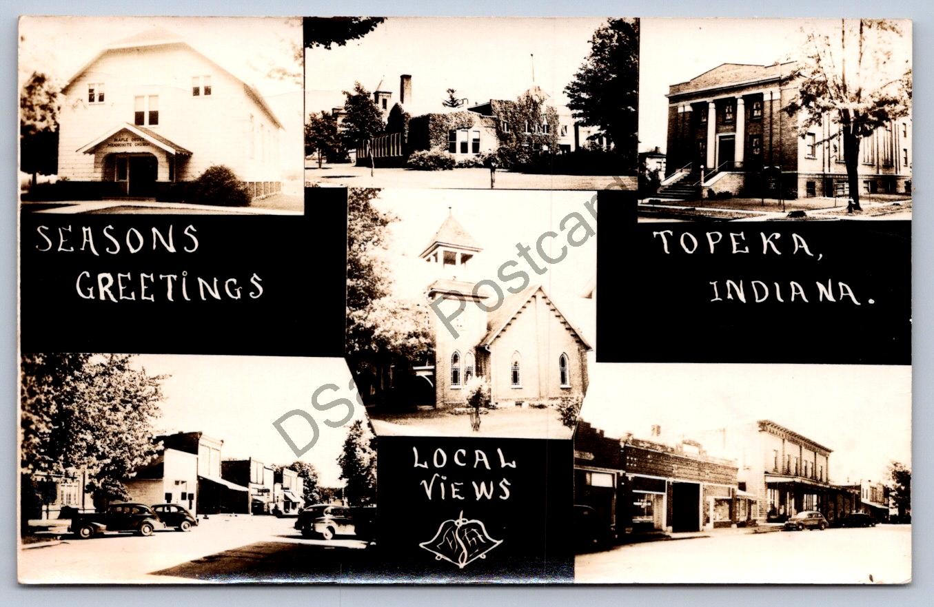 K55/ Topeka Indiana RPPC Postcard c1947 6View Main St Church Library 373