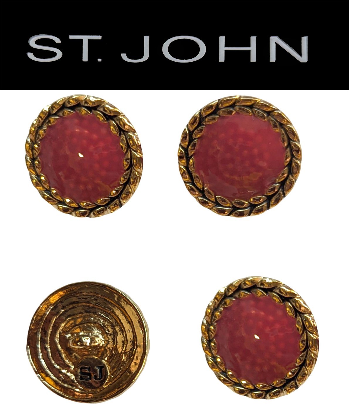 St John Knits (0.8 Inch) Double Rope Gold Tone Red Opaque Center Round Buttons