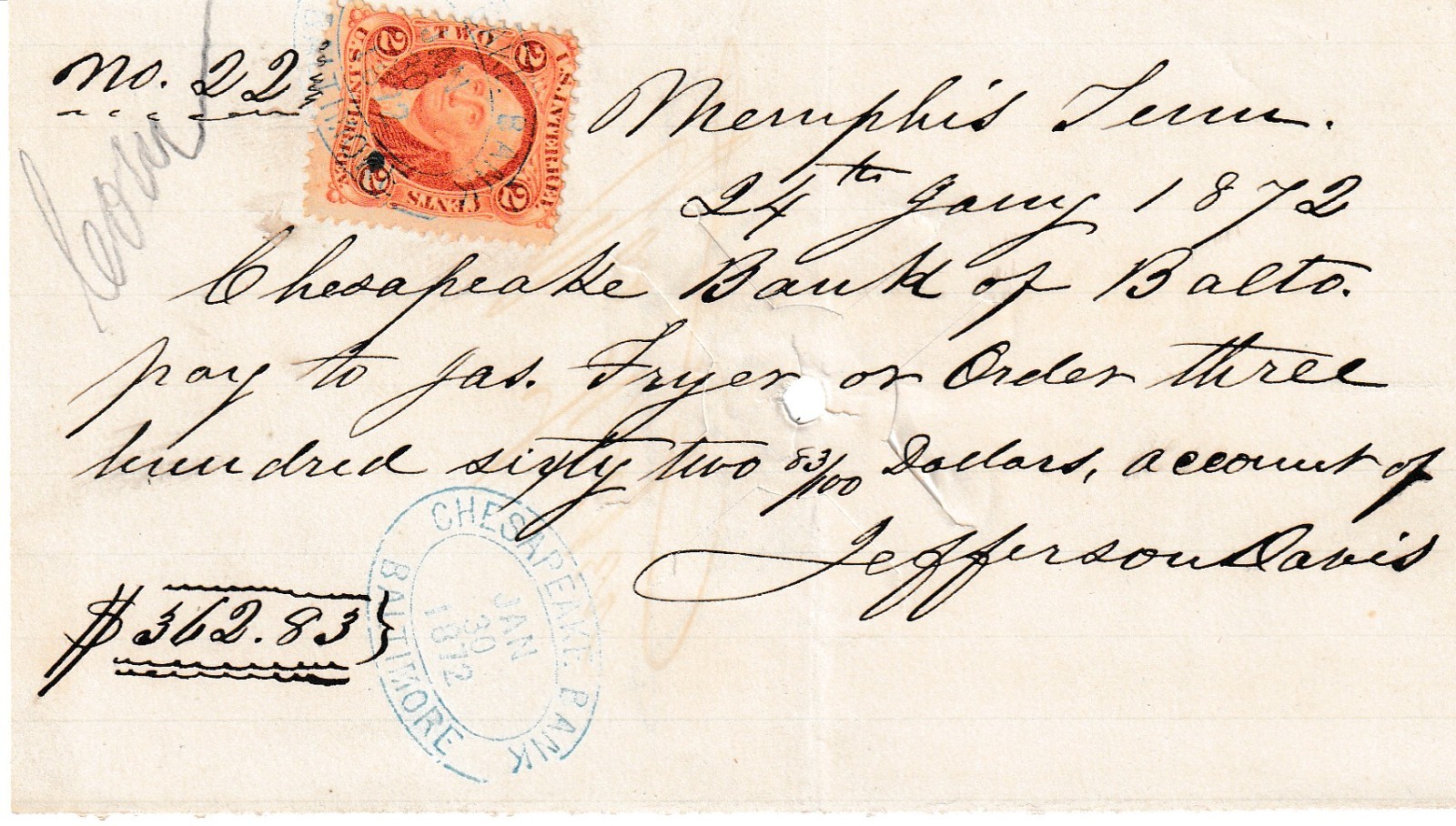 Jan\'y 1872 Jefferson Davis SIGNED CHECK Civil War FULL SIGNATURE Chesapeake Bank