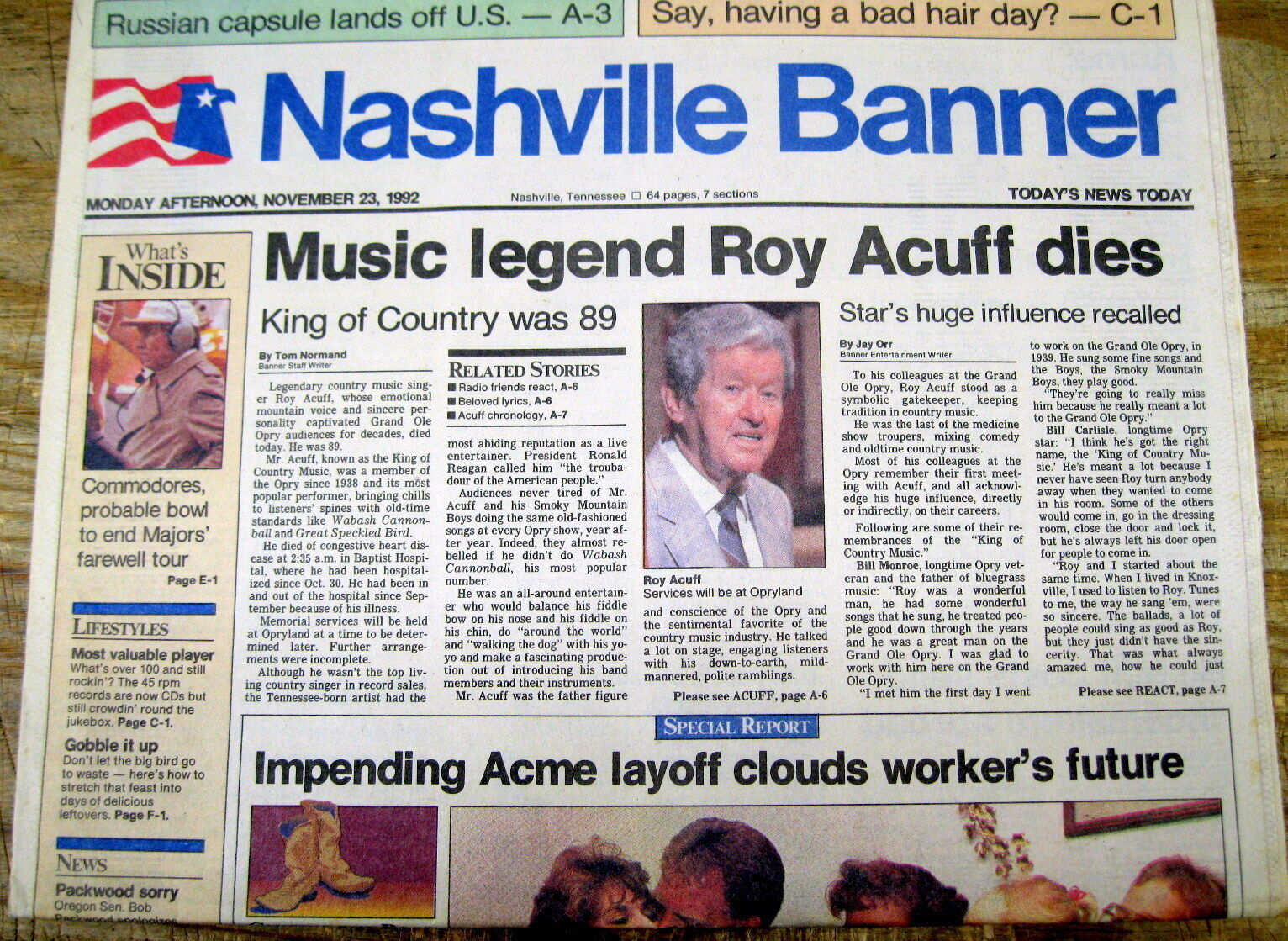 COUNTRY MUSIC singer ROY ACUFF DEAD Best 1992 Nashville TENNESSEE hdln newspaper