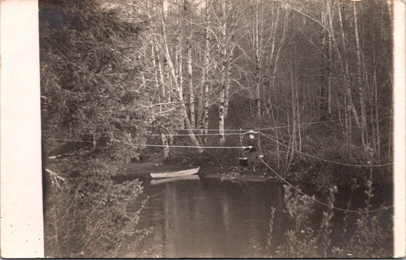 RPPC Postcard Woman Crossing River Hand Pull Cable Trolley Bridge c.1904   12319