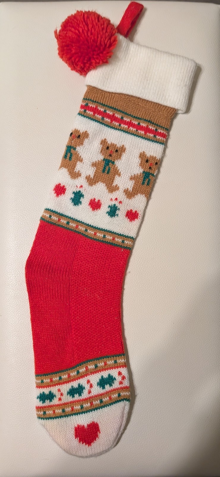 Vintage 1980\'s Christmas Knit Stocking Teddy Bears and Hearts With Pom Pom 