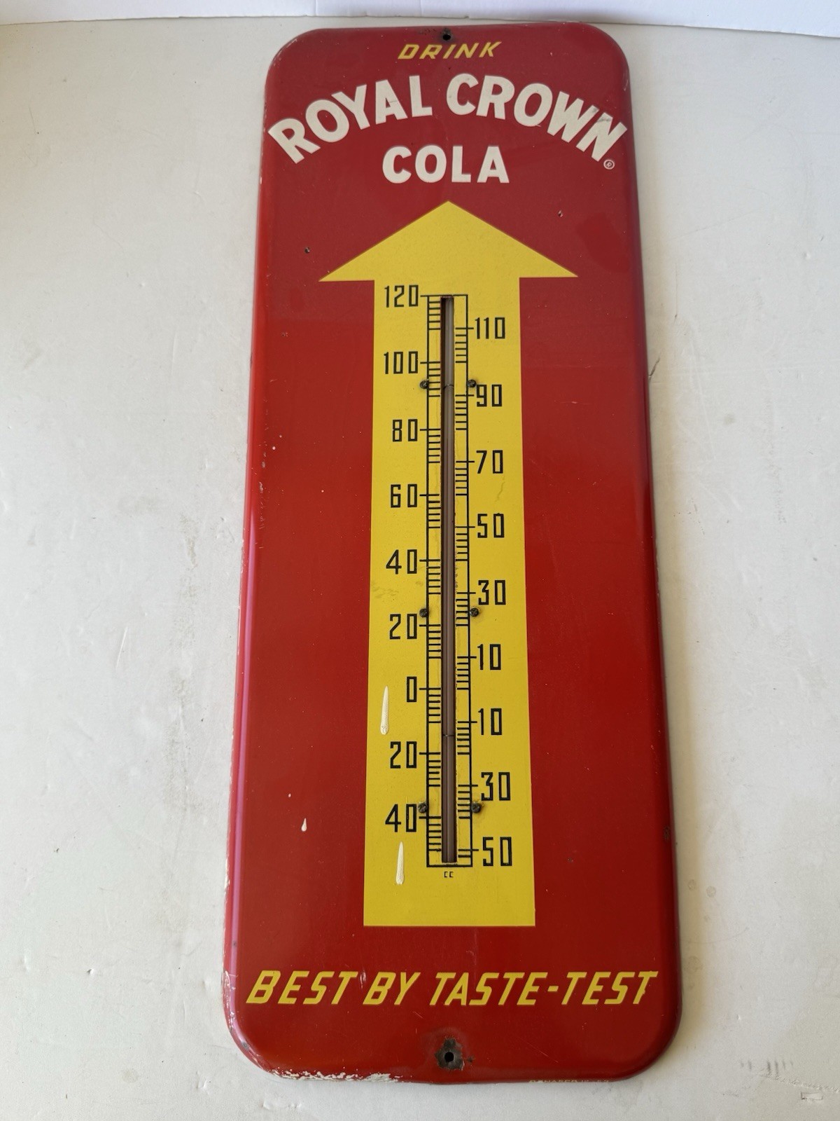 vintage Royal Crown (RC) Cola metal 25”x10” advertising thermometer 50’s/60’s