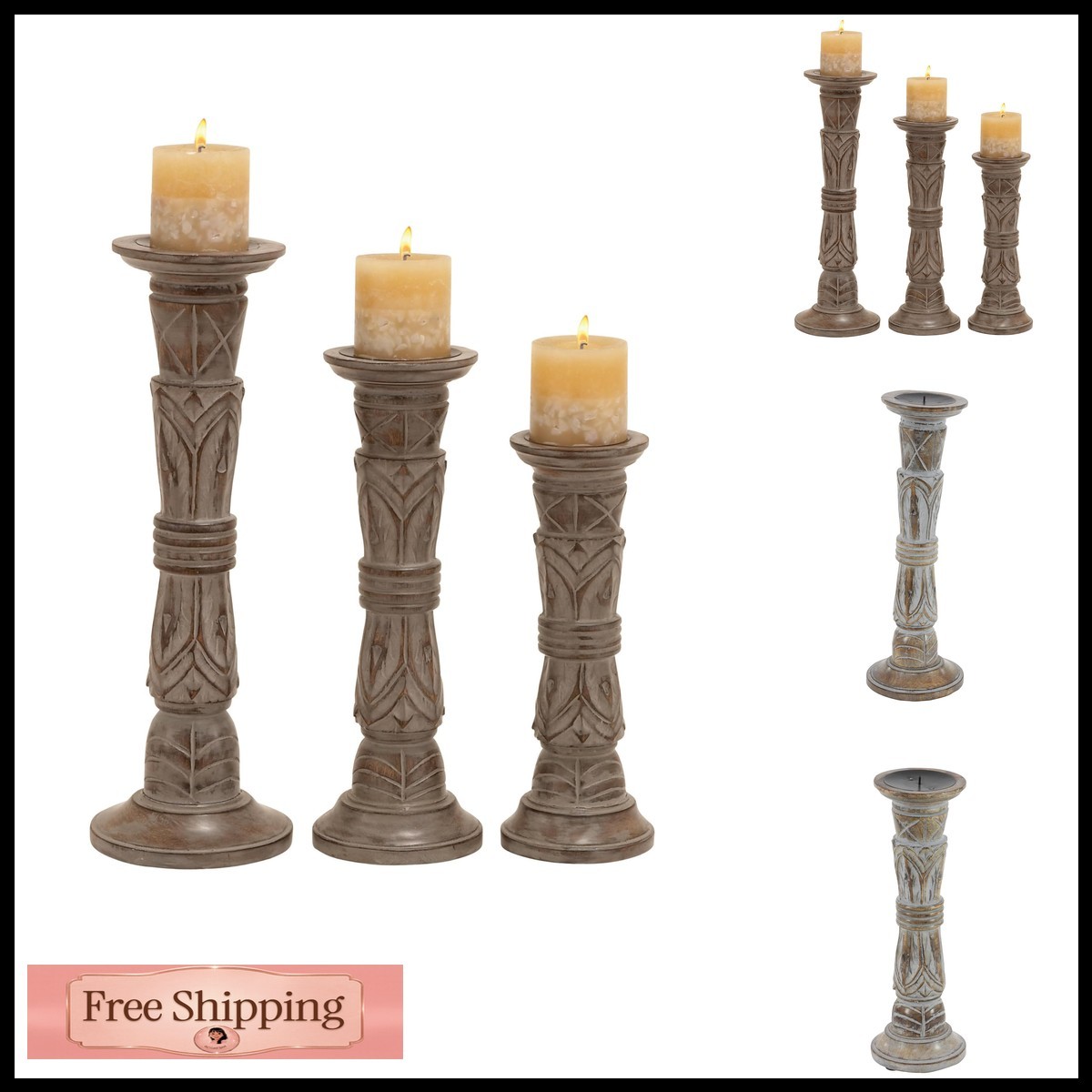 Deco 79 Mango Wood Tribal Candle Holder, Set of 3 18\