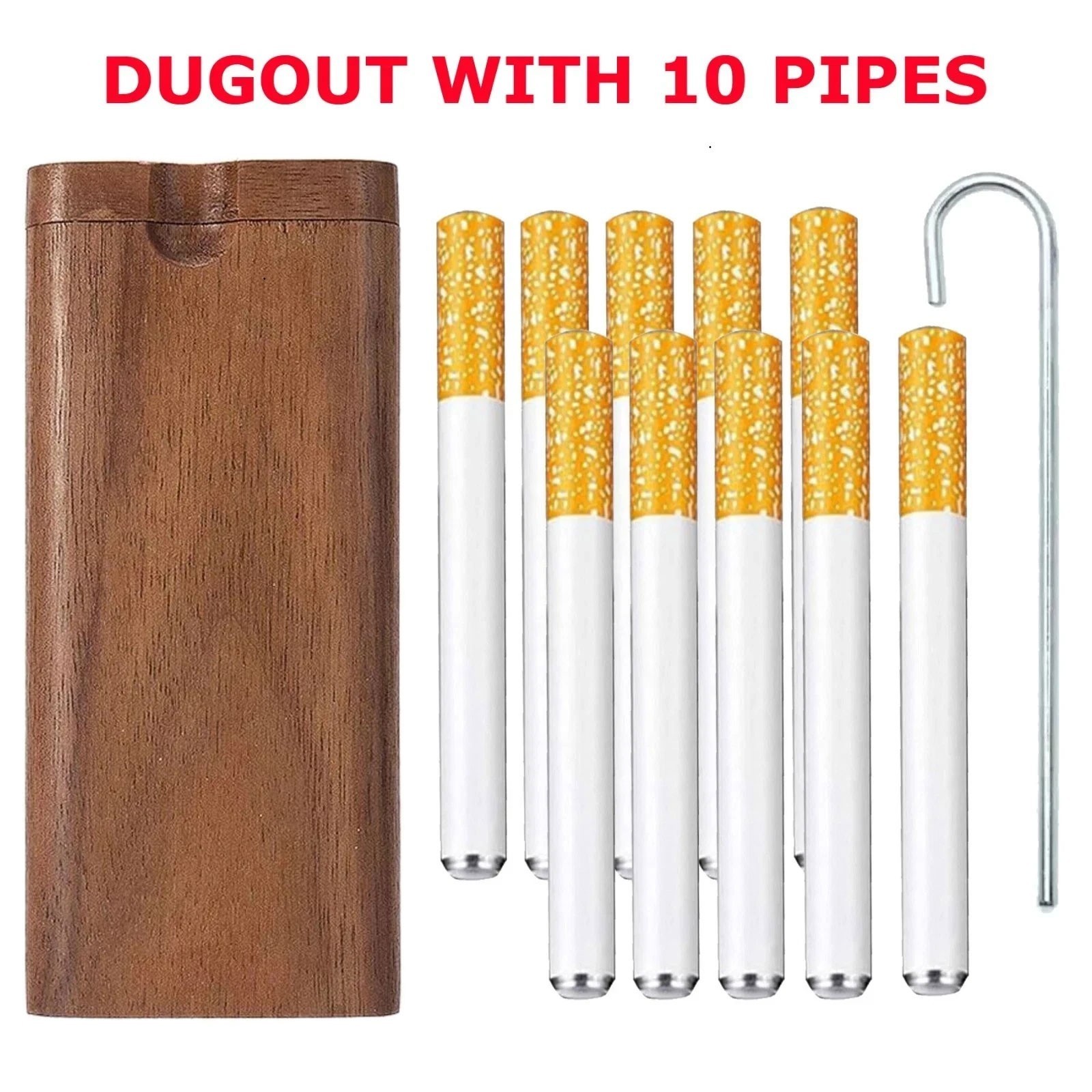 12P Wooden Dugout Pipe Self Cleaning Metal Bat Poker Smoking Pipe One Hitter Kit