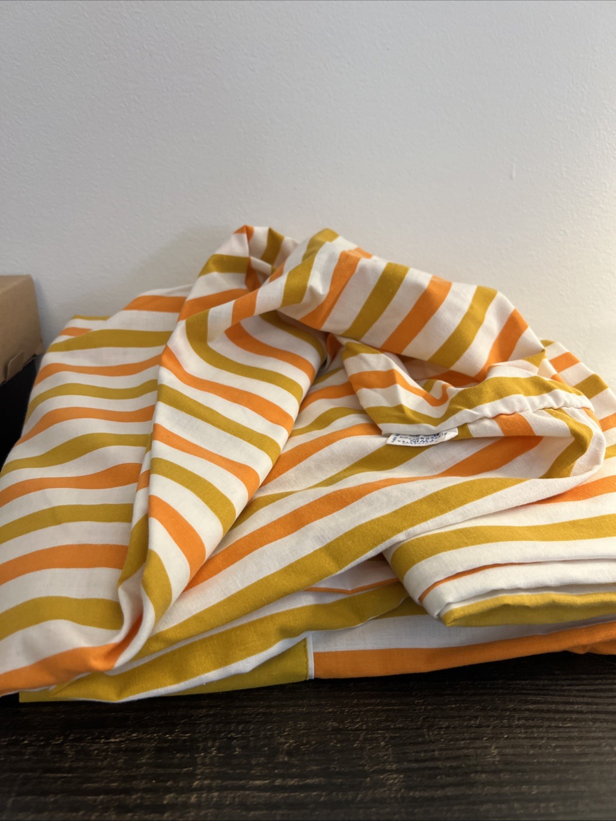 VTG 1970s JC Penneys Mod Striped Flat/ Fitted Twin Bedsheet Set Gold Orange,