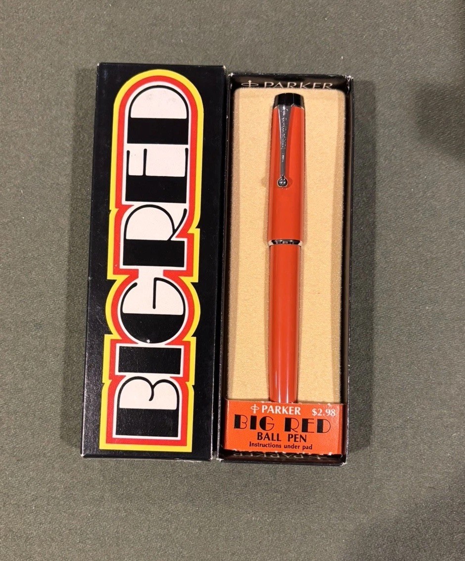 NOS Vintage 1970s Parker Big Red Orange Ballpoint Pen Complete Box USA (up to 3)
