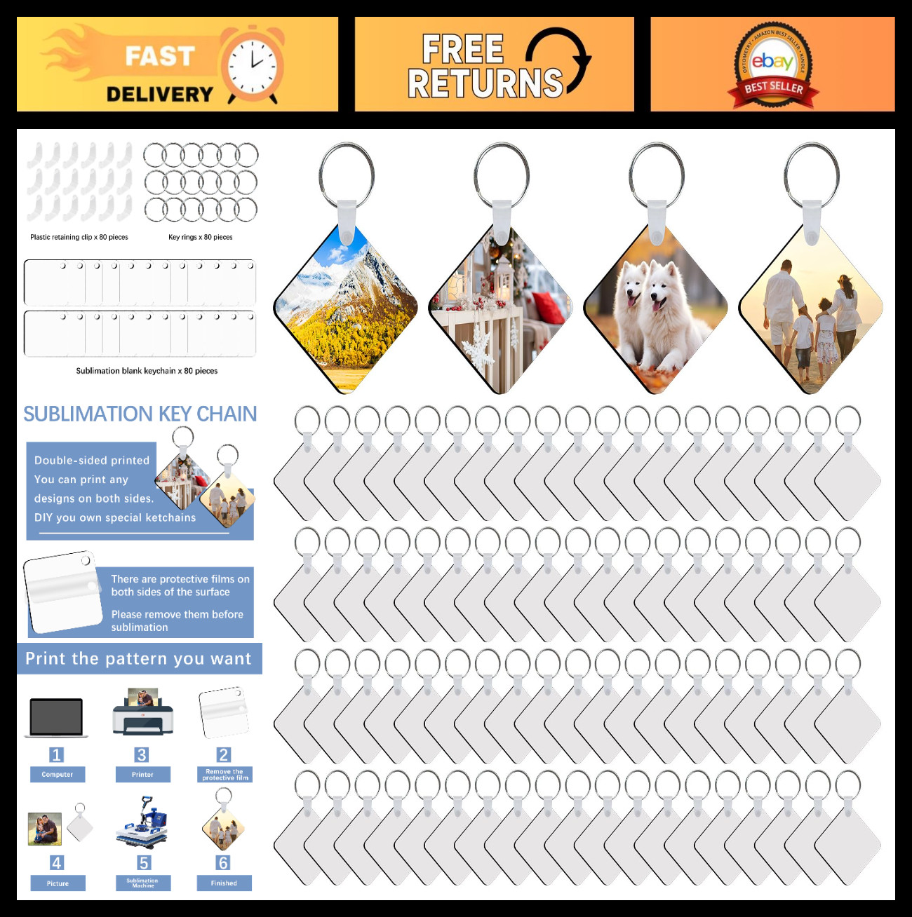 240Pcs Double-Sided MDF Sublimation Keychain Blanks with 160 Rings & Clips