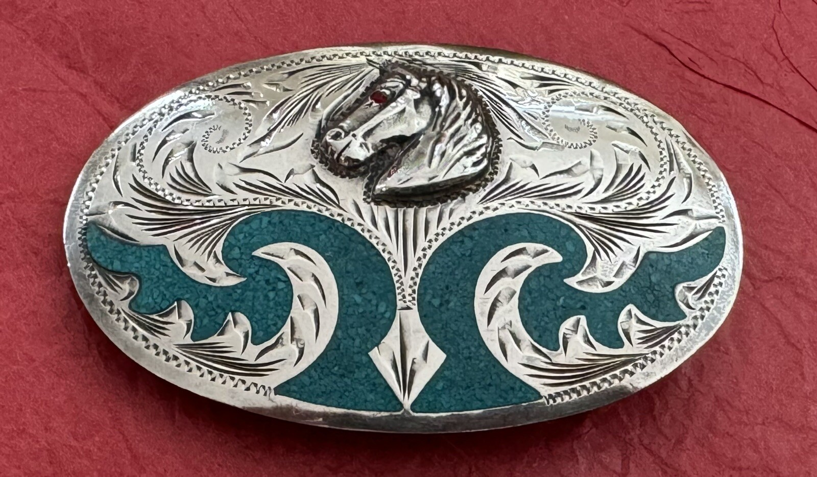 VTG Antique México JFGM 925 Sterling Silver Ruby Red Gem Eye Horse Belt Buckle