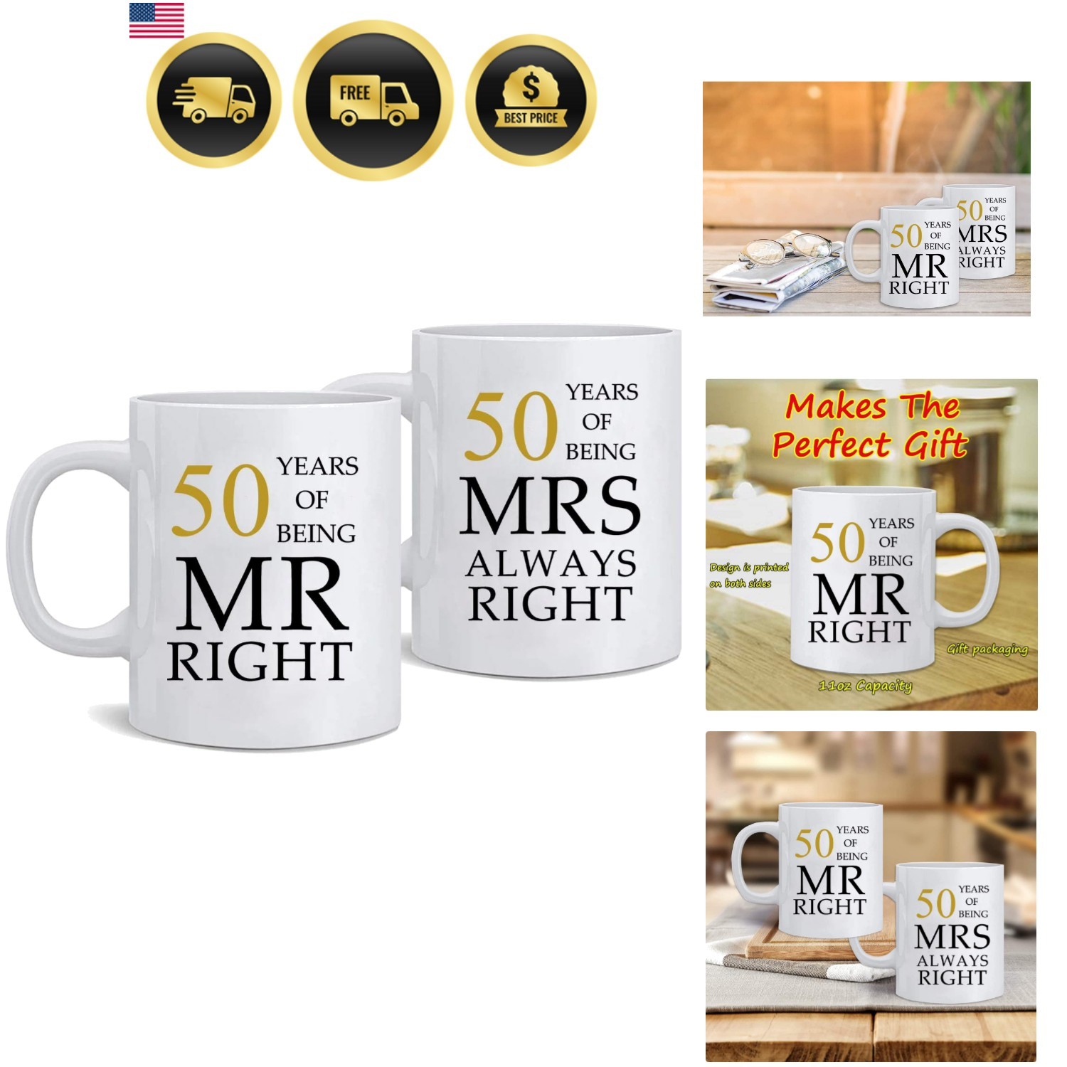 50th Wedding Anniversary Mugs Couple Gift Set Ceramic Break Resistant Safe
