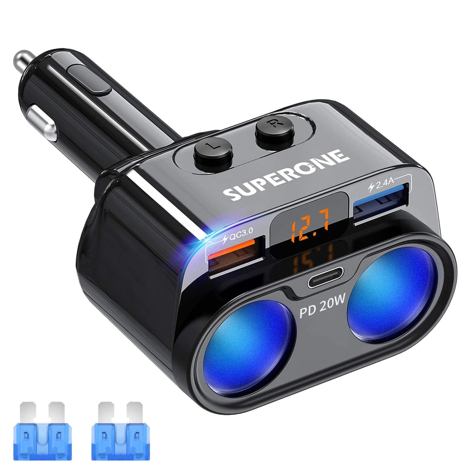 SUPERONE 200W 2-Socket Car Cigarette Lighter Splitter 20W PD QC 3.0 USB 12V 24V